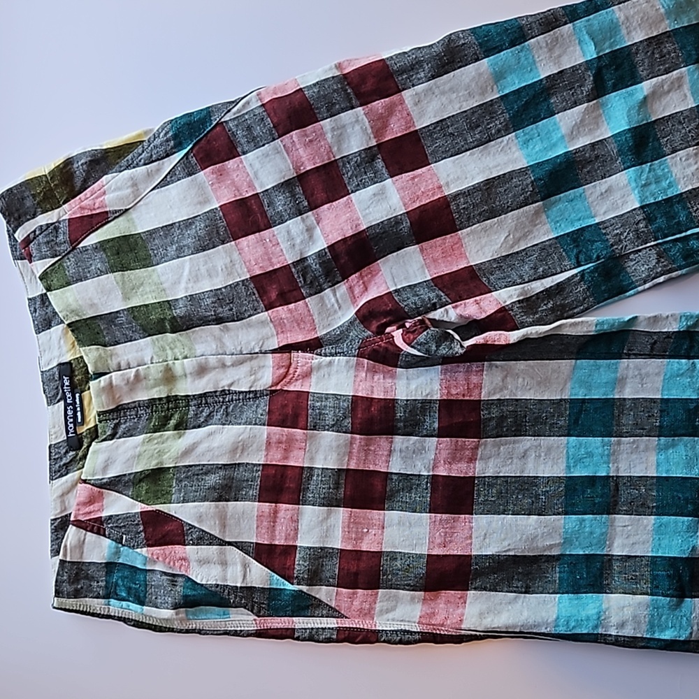Hannes Roether Colorful Gingham Wide Leg 100% Linen Pants XS